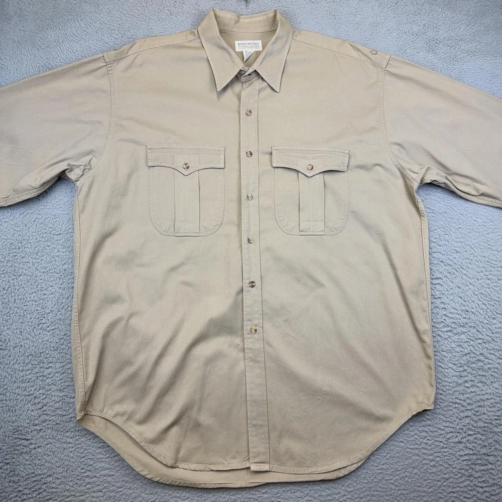 Vintage Banana Republic Shirt Mens XL Beige Safari Travel Long Sleeve Button Up